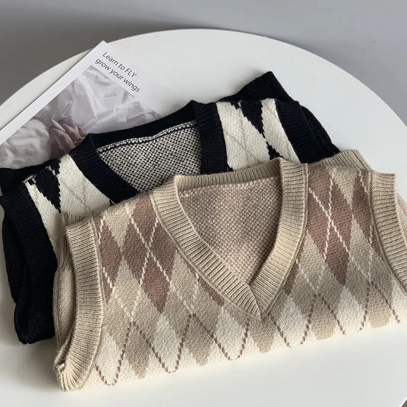 2021 argyle V-neck knitwear women loose fit crop top vest checkered sweater