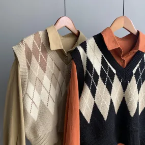 2021 argyle V-neck knitwear women loose fit crop top vest checkered sweater