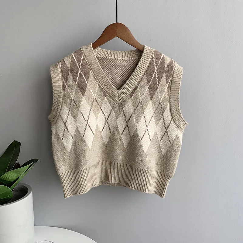 2021 argyle V-neck knitwear women loose fit crop top vest checkered sweater