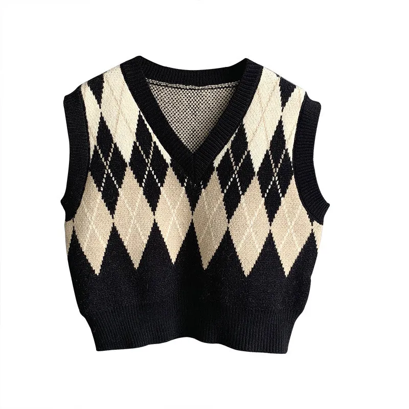2021 argyle V-neck knitwear women loose fit crop top vest checkered sweater