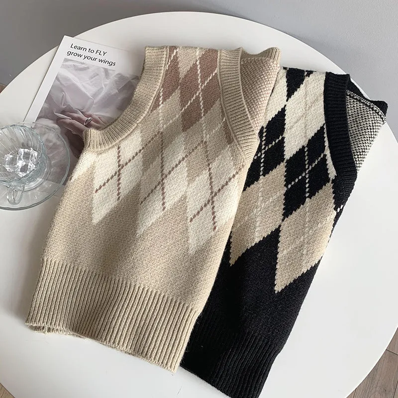 2021 argyle V-neck knitwear women loose fit crop top vest checkered sweater