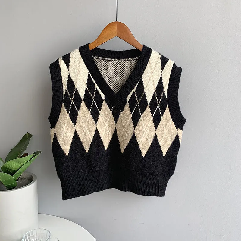 2021 argyle V-neck knitwear women loose fit crop top vest checkered sweater