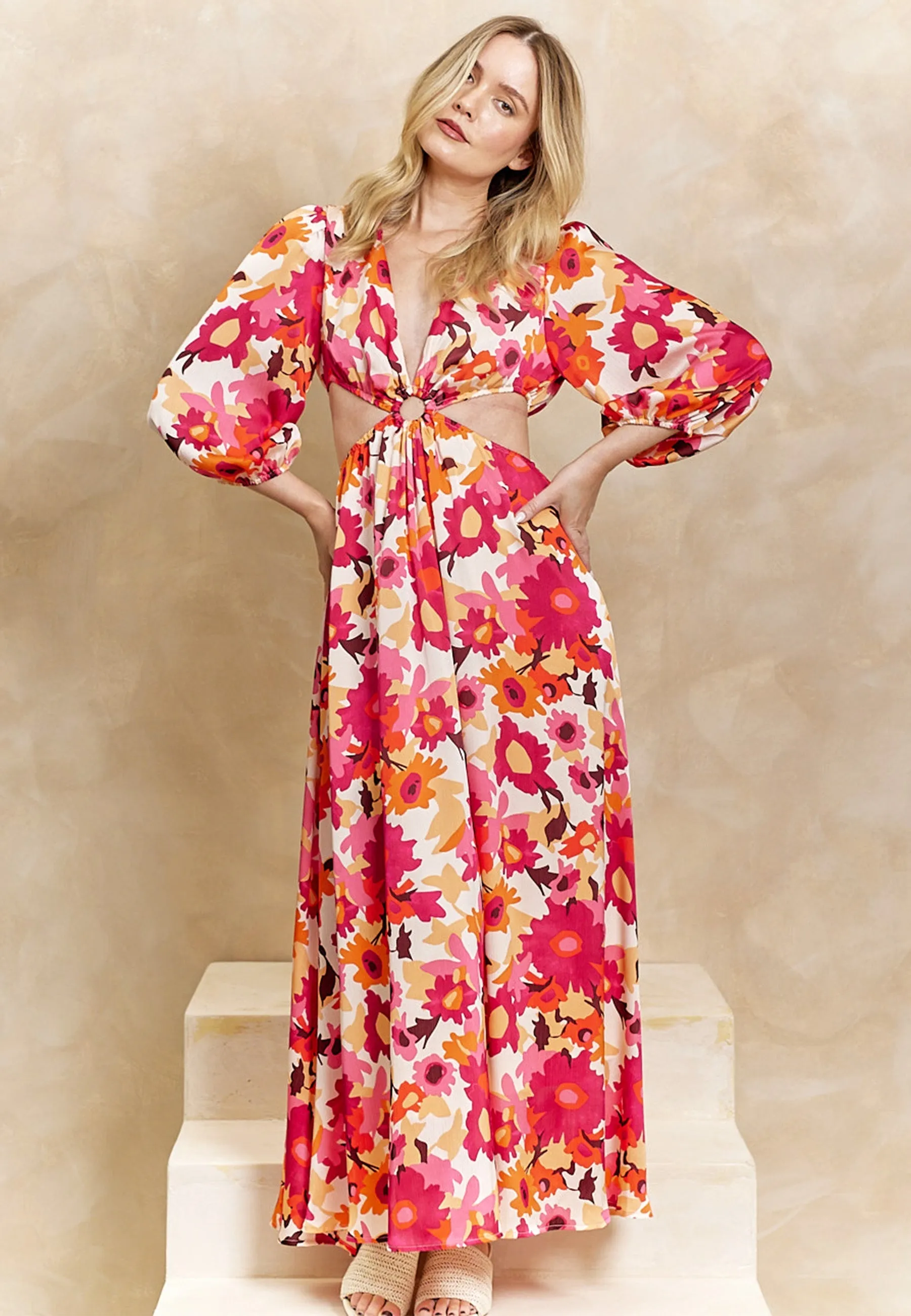 (5P.PACK) Cut Out Long Sleeve Maxi Dress in Pink Floral Print