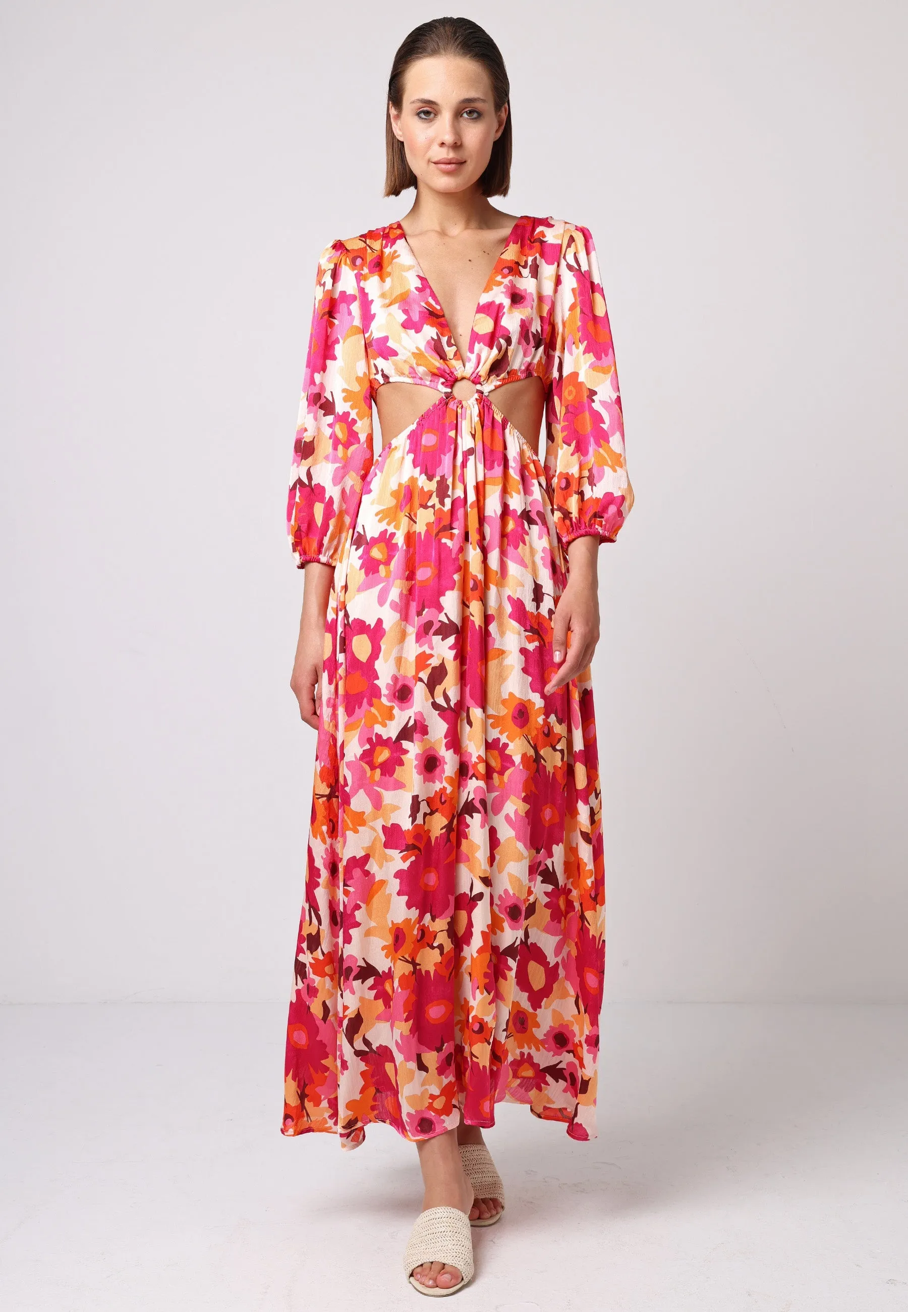 (5P.PACK) Cut Out Long Sleeve Maxi Dress in Pink Floral Print