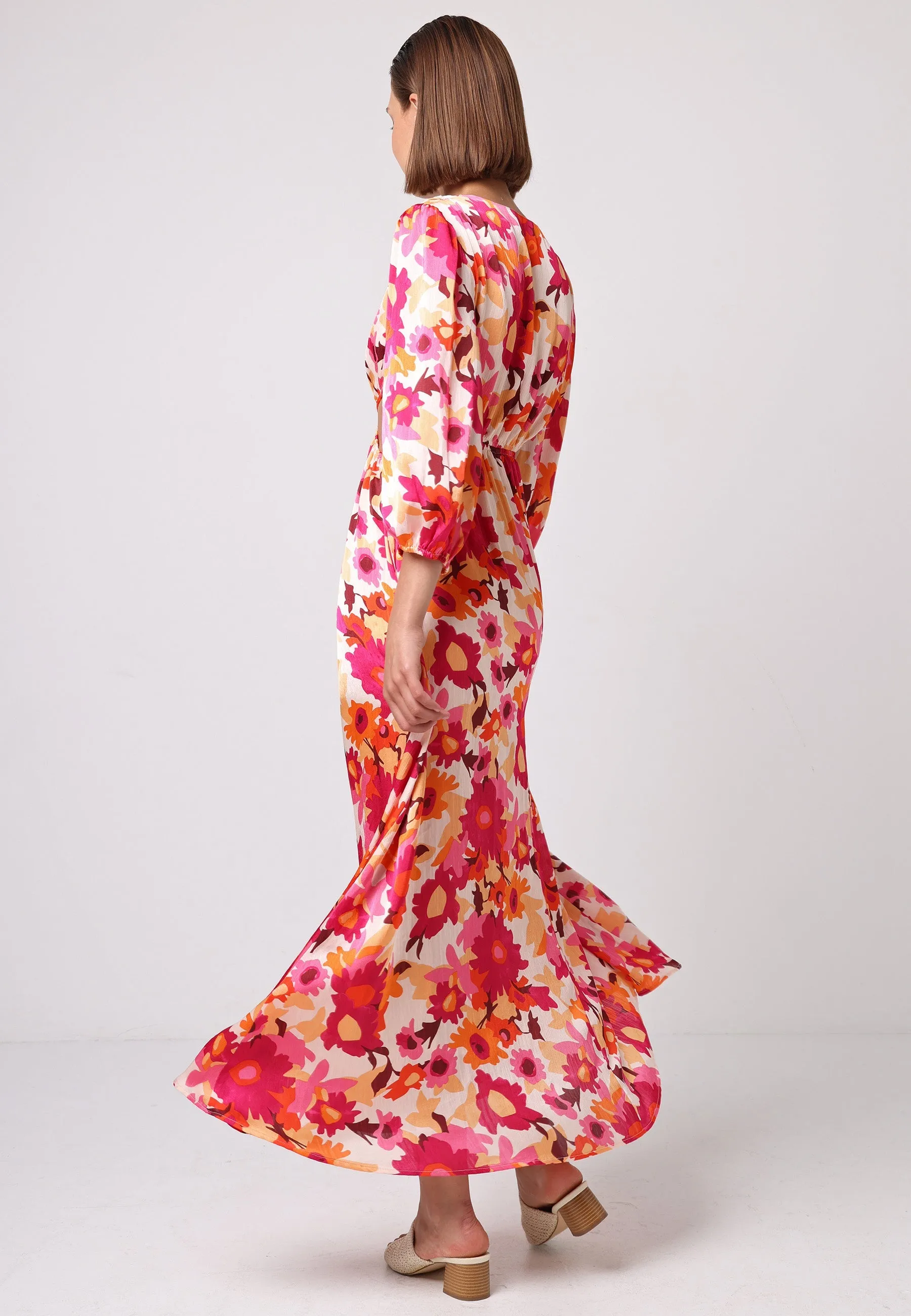 (5P.PACK) Cut Out Long Sleeve Maxi Dress in Pink Floral Print