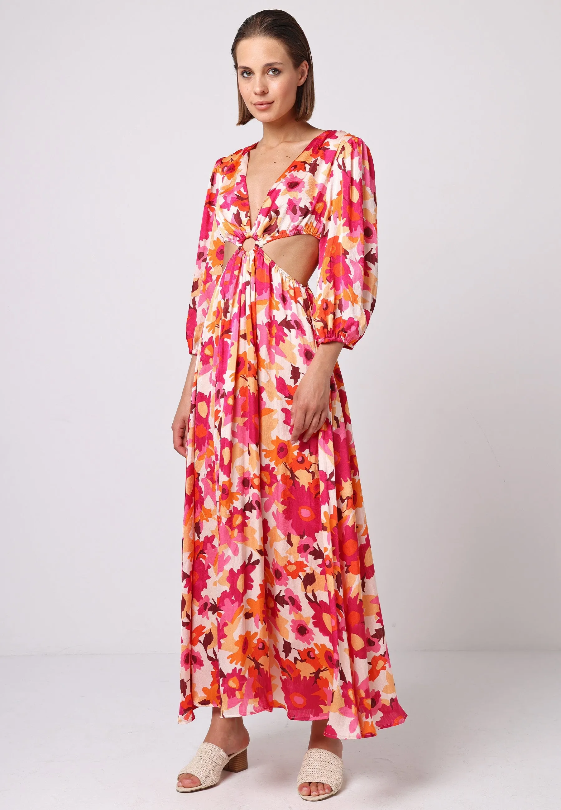 (5P.PACK) Cut Out Long Sleeve Maxi Dress in Pink Floral Print