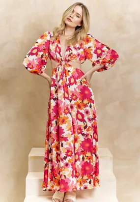 (5P.PACK) Cut Out Long Sleeve Maxi Dress in Pink Floral Print