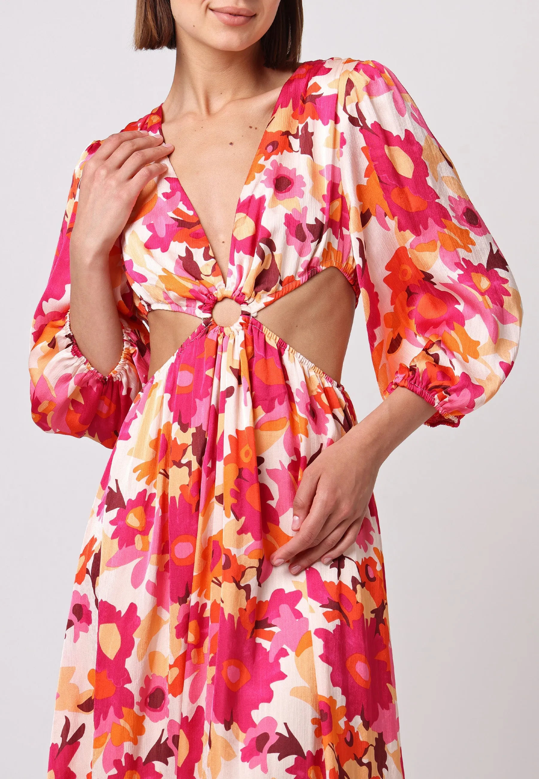 (5P.PACK) Cut Out Long Sleeve Maxi Dress in Pink Floral Print