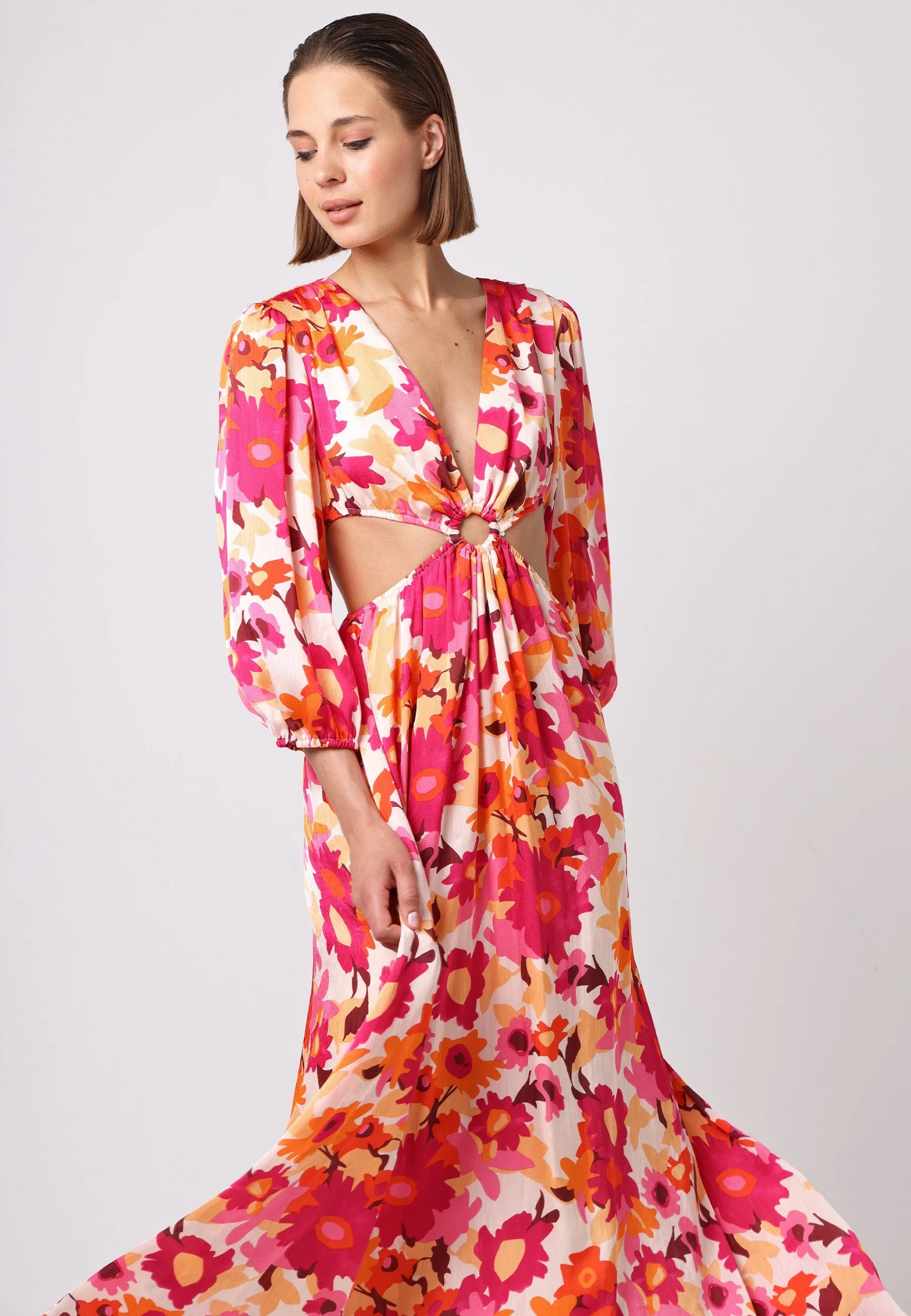 (5P.PACK) Cut Out Long Sleeve Maxi Dress in Pink Floral Print
