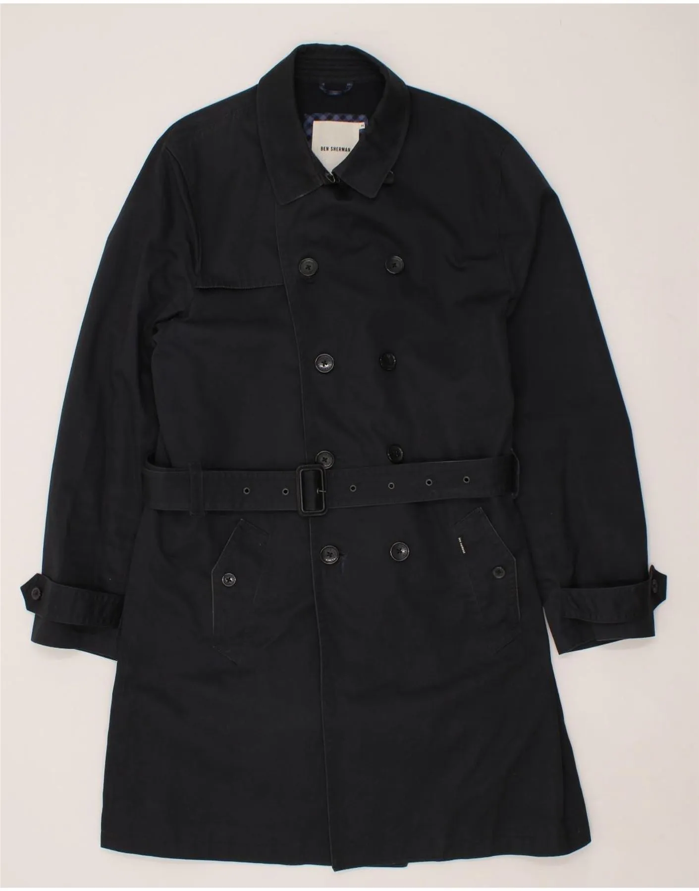 BEN SHERMAN Mens Overcoat UK 44 2XL Navy Blue Cotton