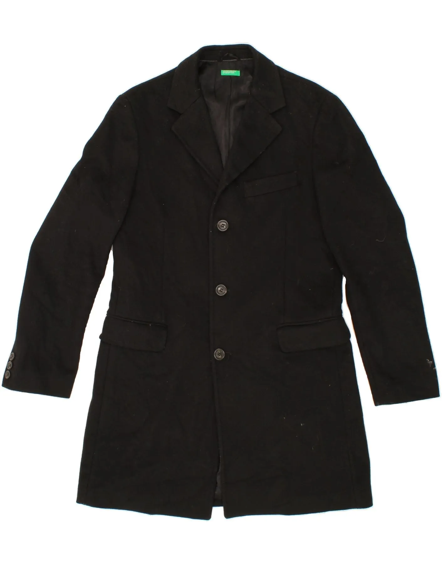 BENETTON Mens Overcoat IT 50 Large Black Wool