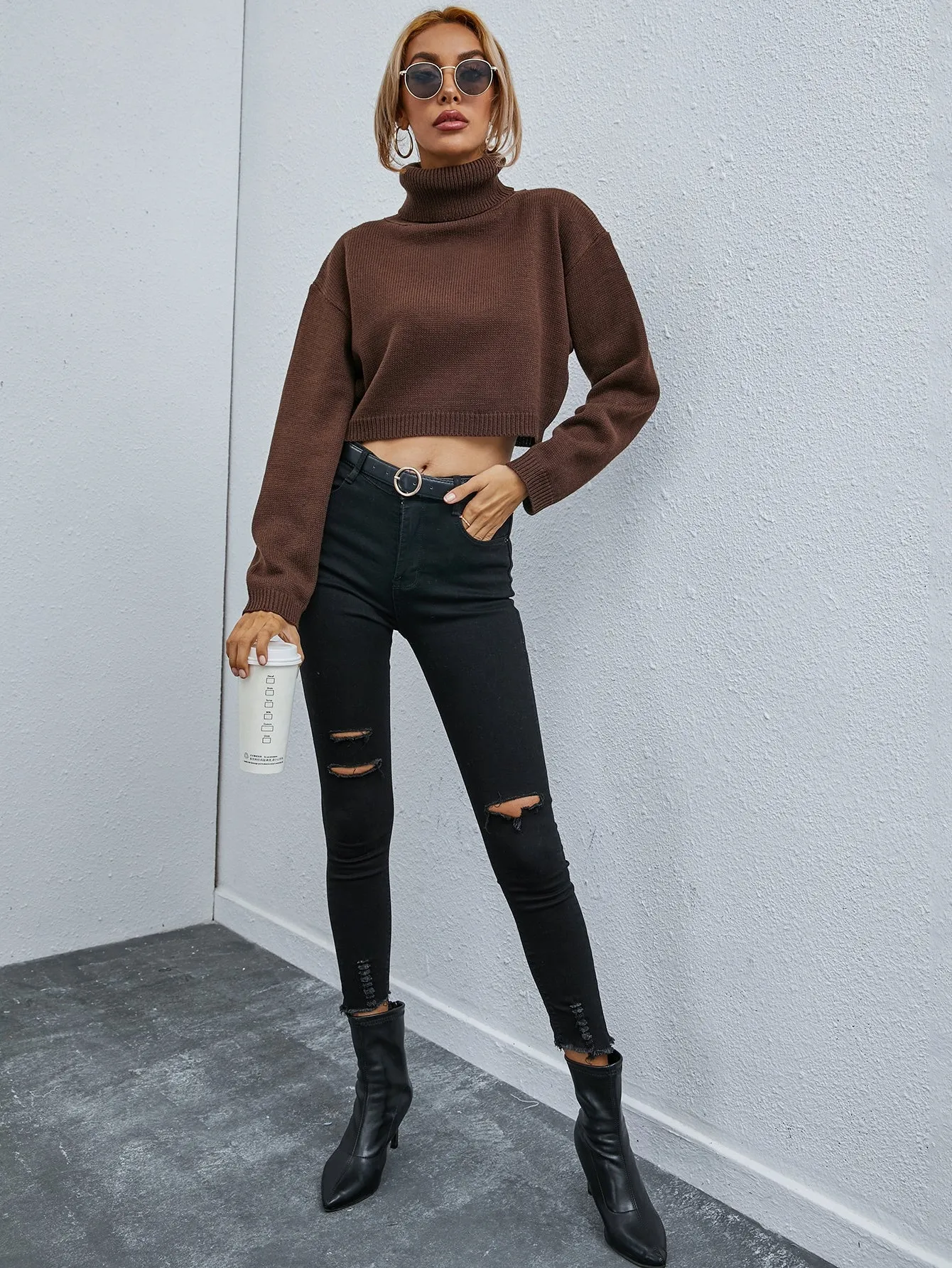 Casual Plain Rib-Knit Long Sleeve High Neck Crop Women Sweater