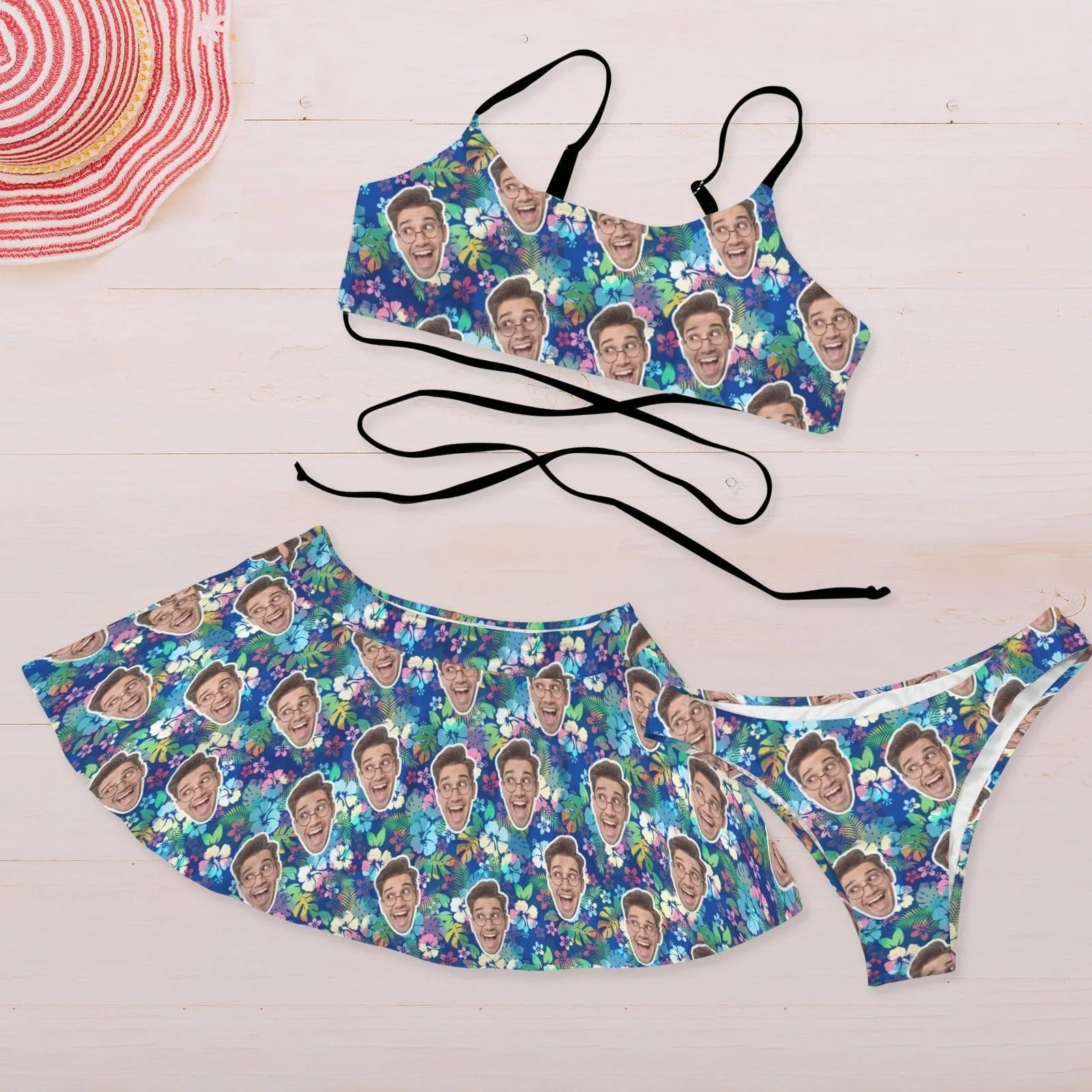 Custom Face Blue Background Green Flowers Bikini Set Women's String Three-Piece Bikini Skirt