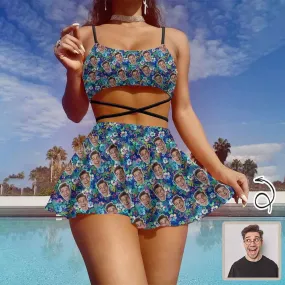 Custom Face Blue Background Green Flowers Bikini Set Women's String Three-Piece Bikini Skirt