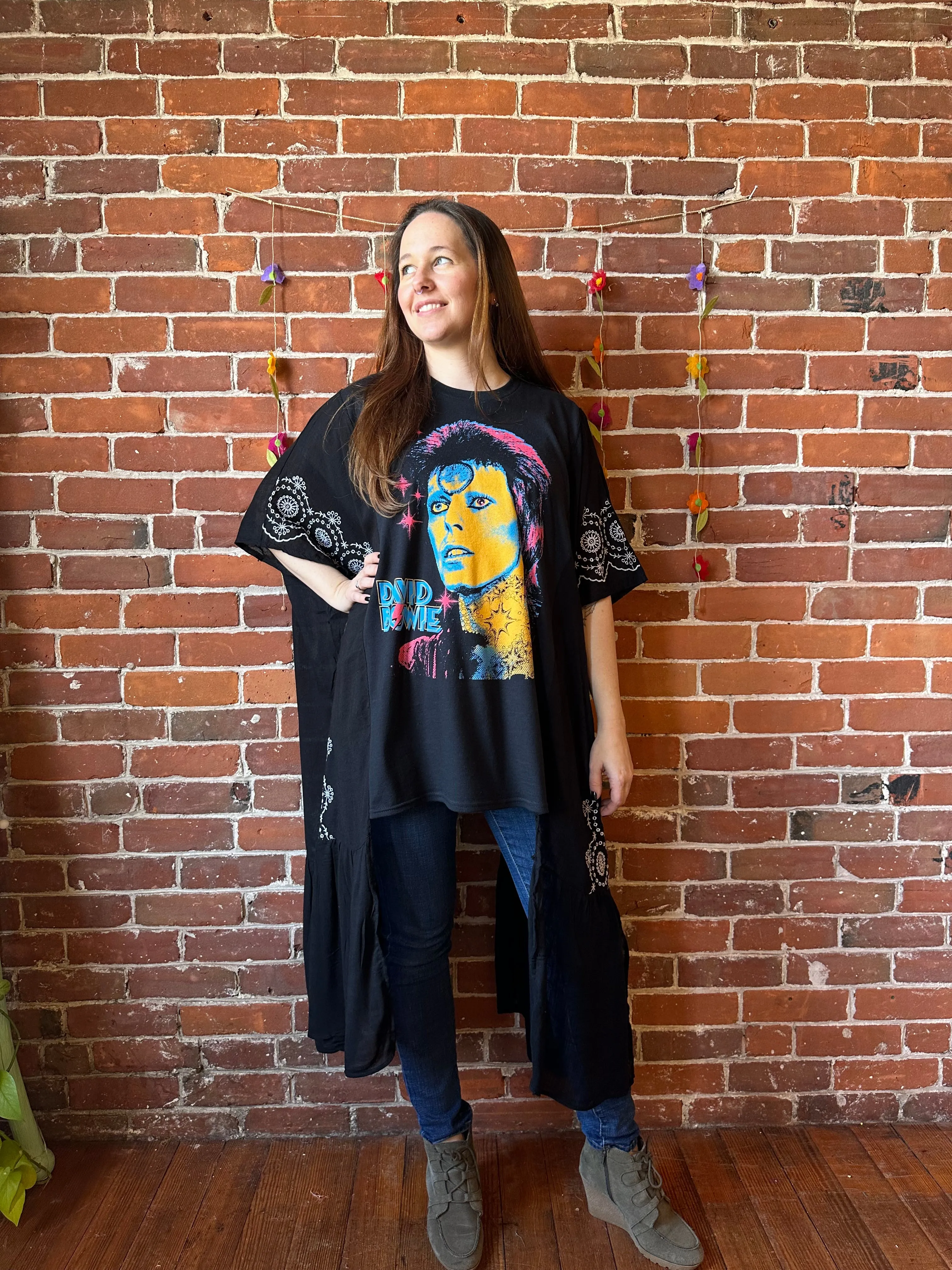 David Bowie Inspired Hybrid Black Embroidered Hi Lo Top