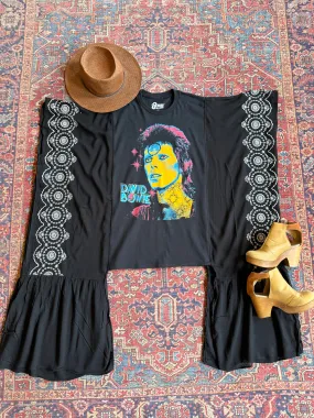 David Bowie Inspired Hybrid Black Embroidered Hi Lo Top