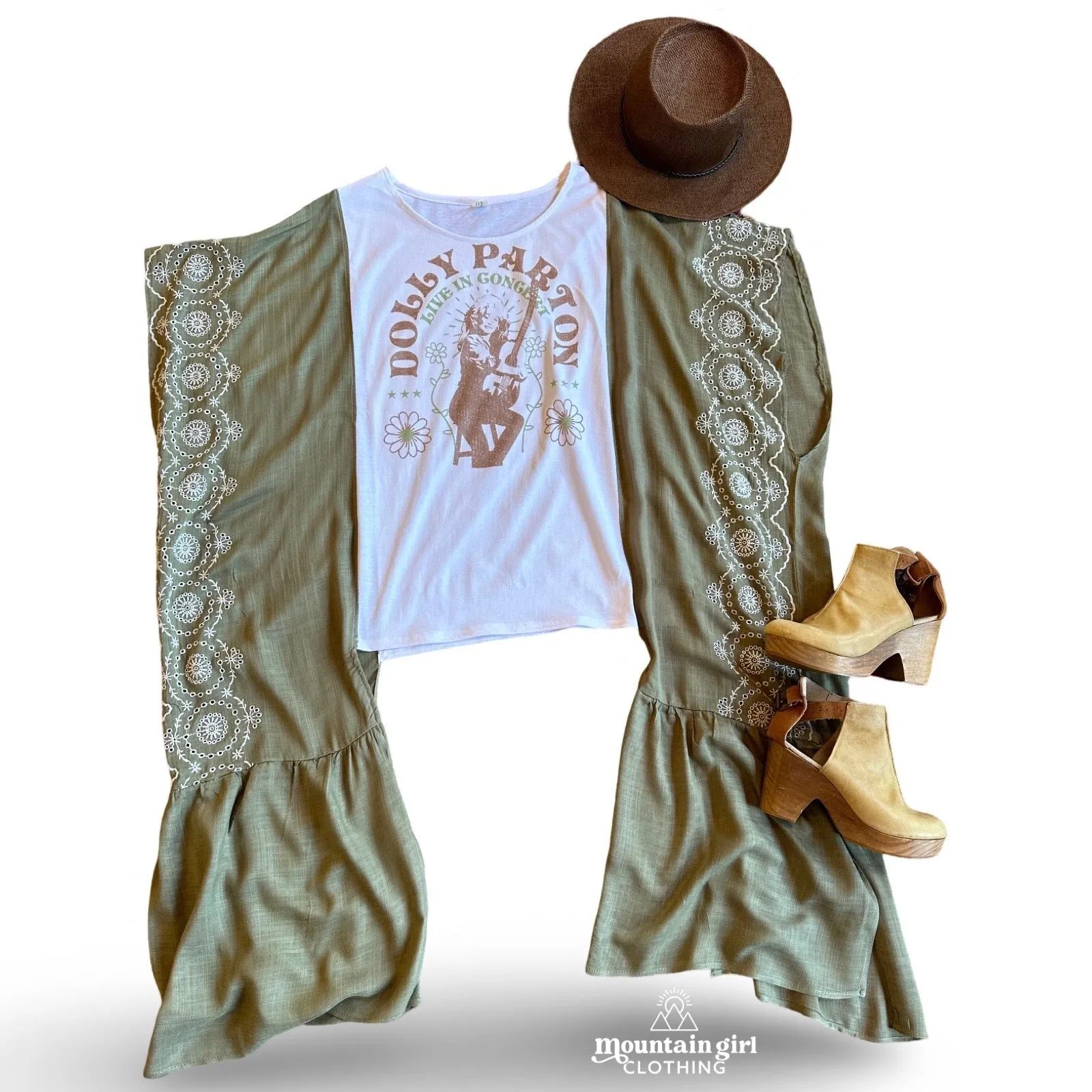 Dolly Parton Inspired Hybrid Sage Embroidered Hi Lo Top