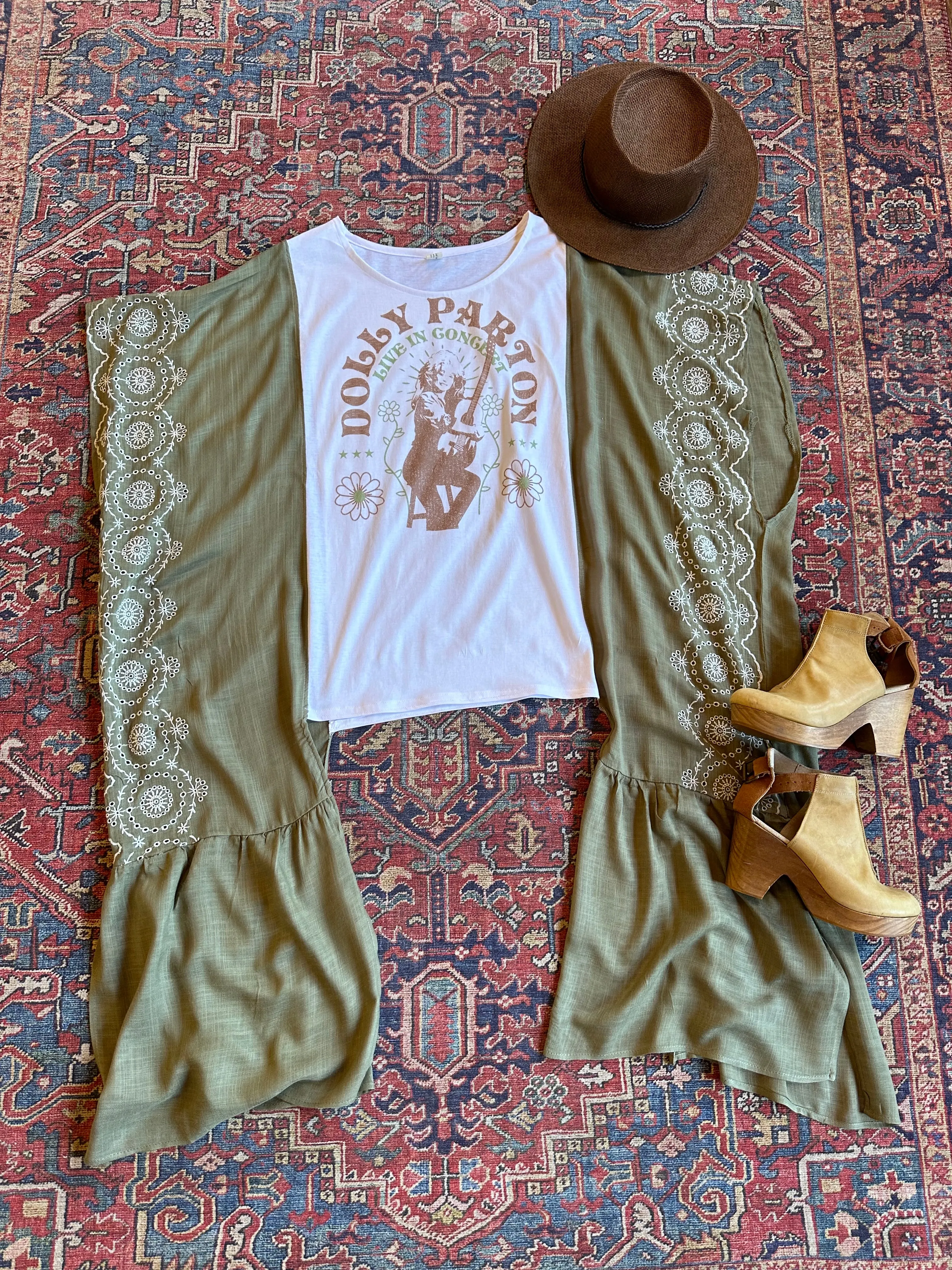 Dolly Parton Inspired Hybrid Sage Embroidered Hi Lo Top
