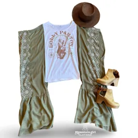Dolly Parton Inspired Hybrid Sage Embroidered Hi Lo Top