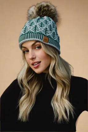 Gray & Green Tree Pattern Pom Hat