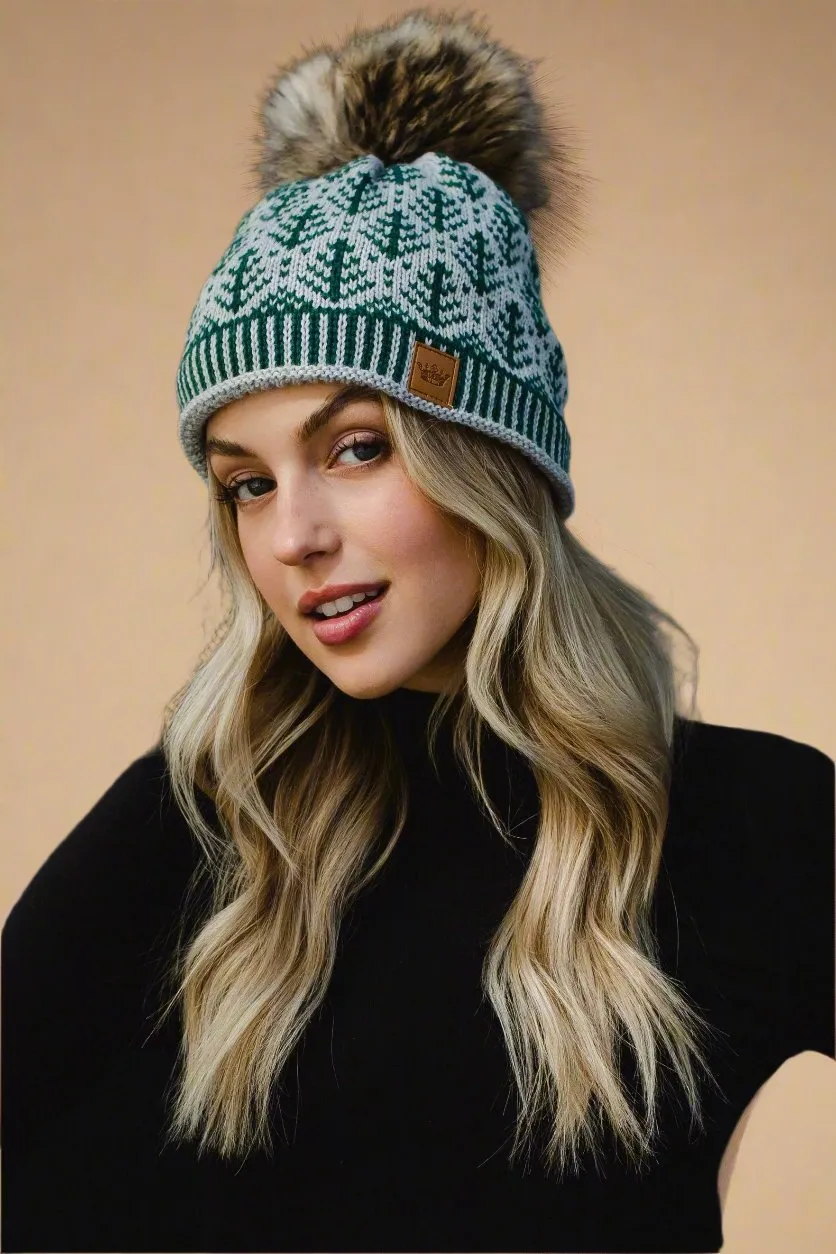 Gray & Green Tree Pattern Pom Hat