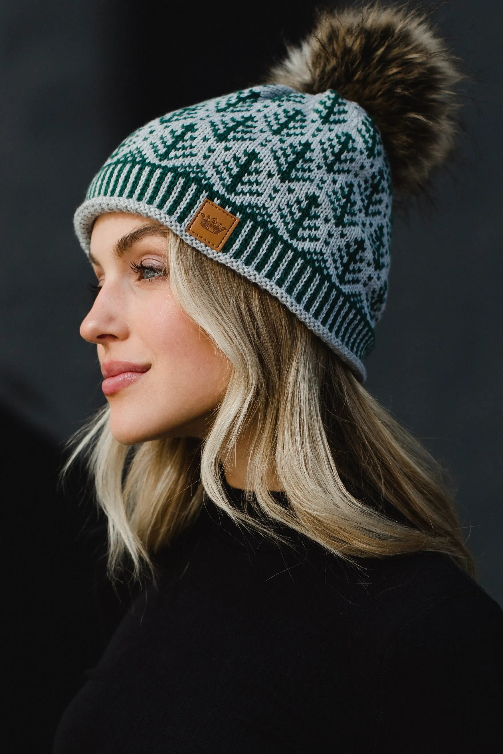 Gray & Green Tree Pattern Pom Hat
