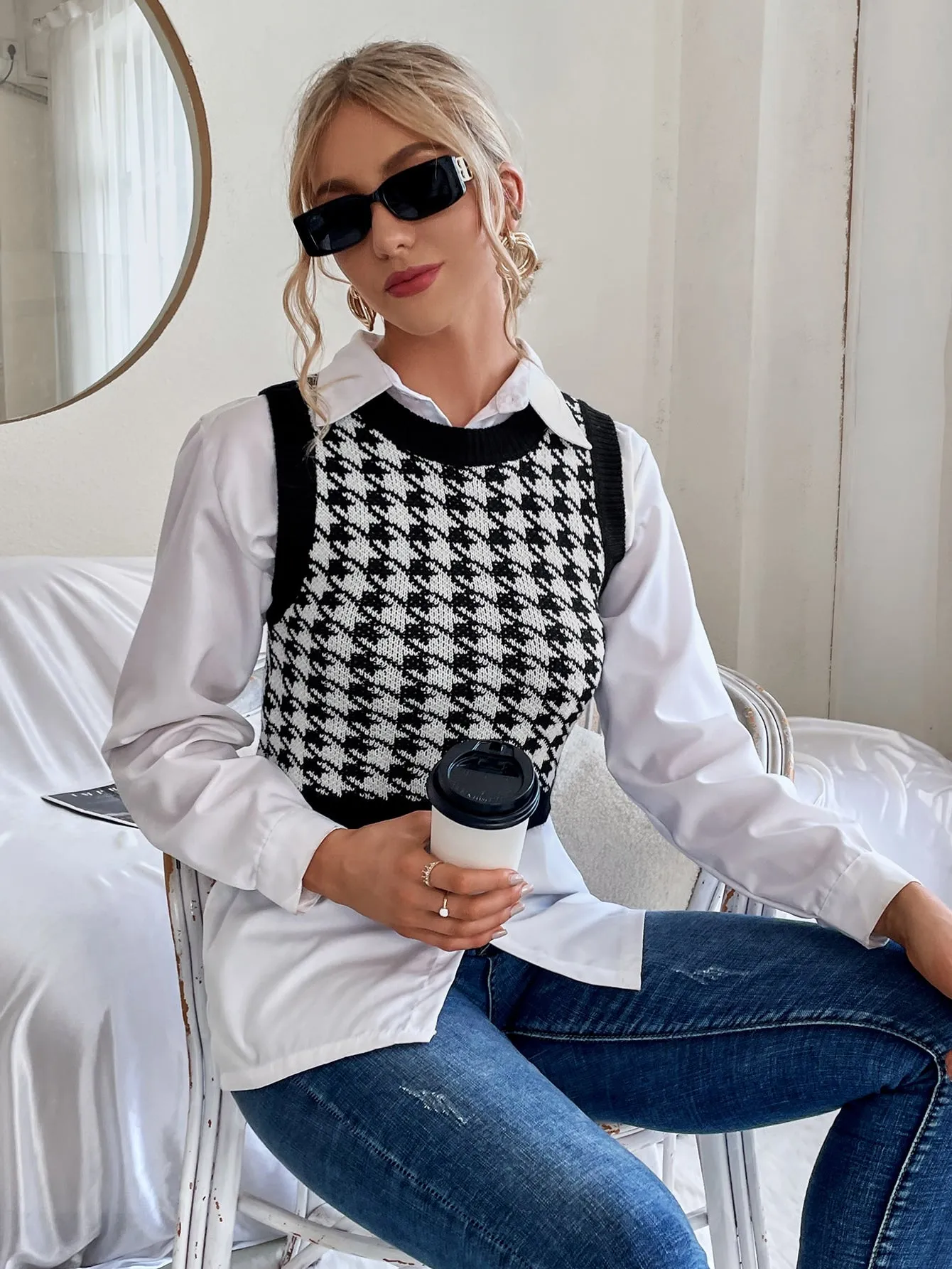 Houndstooth Pattern Sweater Vest Without Blouse