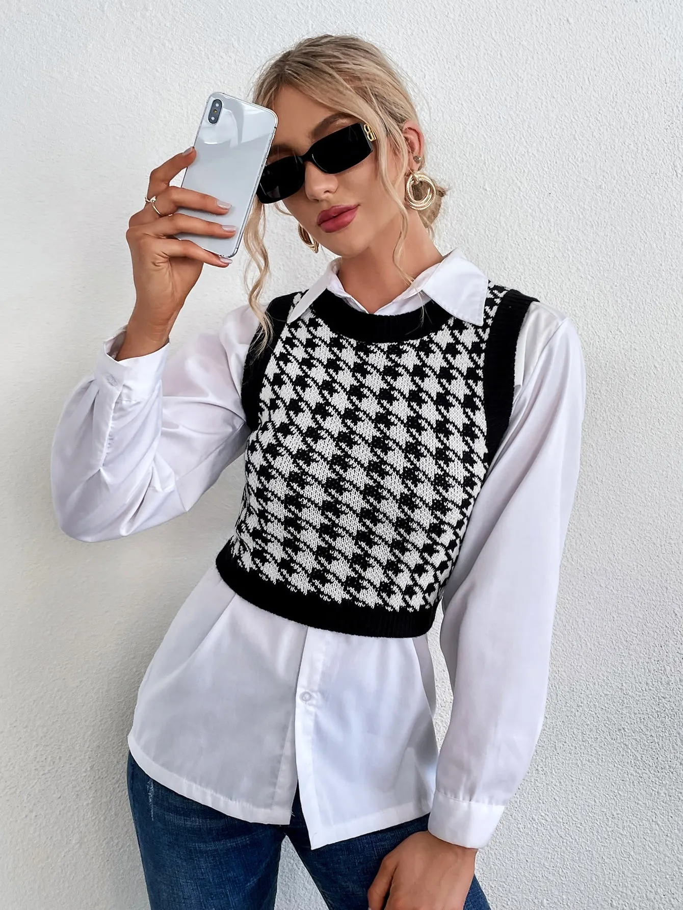 Houndstooth Pattern Sweater Vest Without Blouse