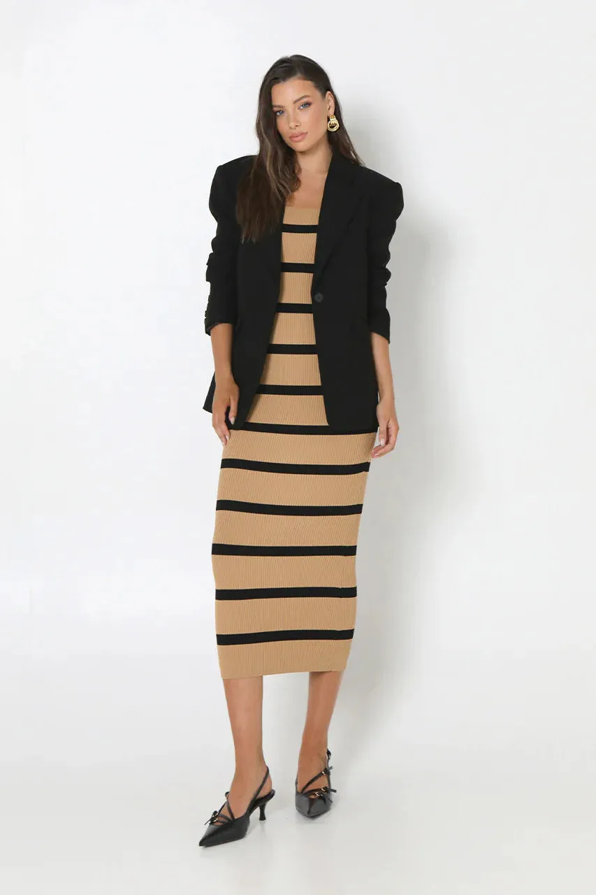 Kara Knit Dress - Camel Black Stripe