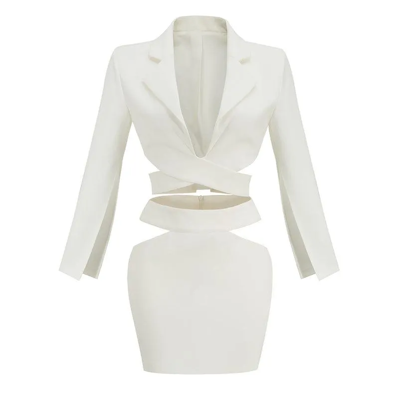 KittenAlarm - Lyvia Slit Sleeve Blazer Crop Top & Hollow Out Skirt Set