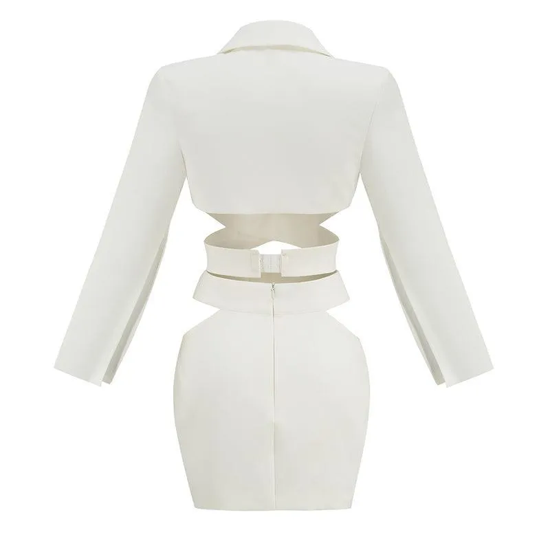 KittenAlarm - Lyvia Slit Sleeve Blazer Crop Top & Hollow Out Skirt Set
