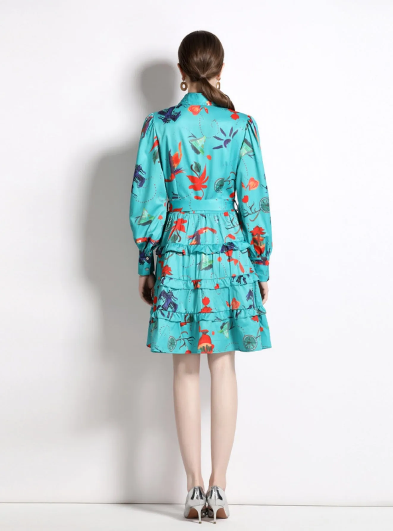 Lapel Puff Sleeve Ruffled Printed Dress