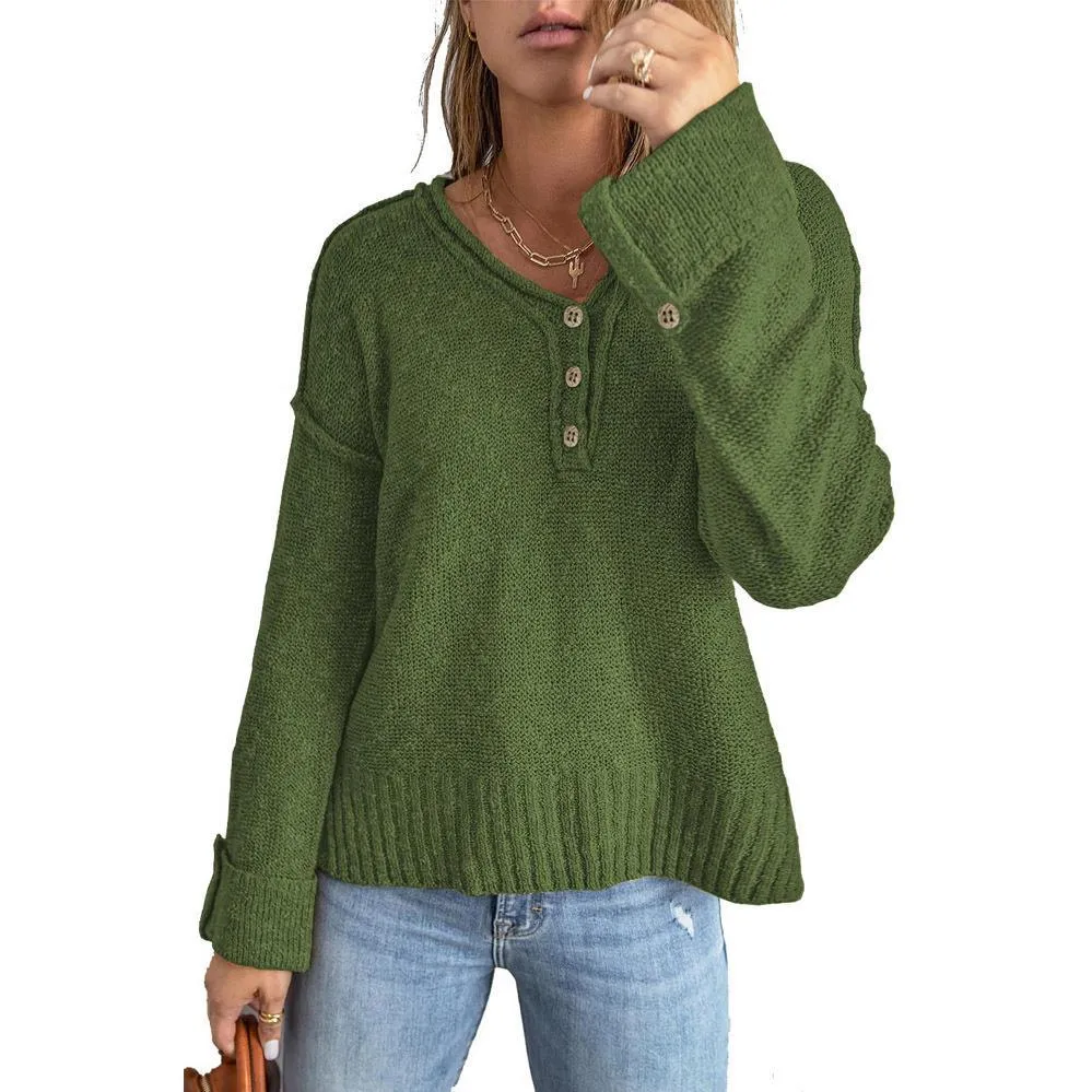 Loose Long Sleeve Buttoned Pullover Knit Sweater Wholesale Womens Tops