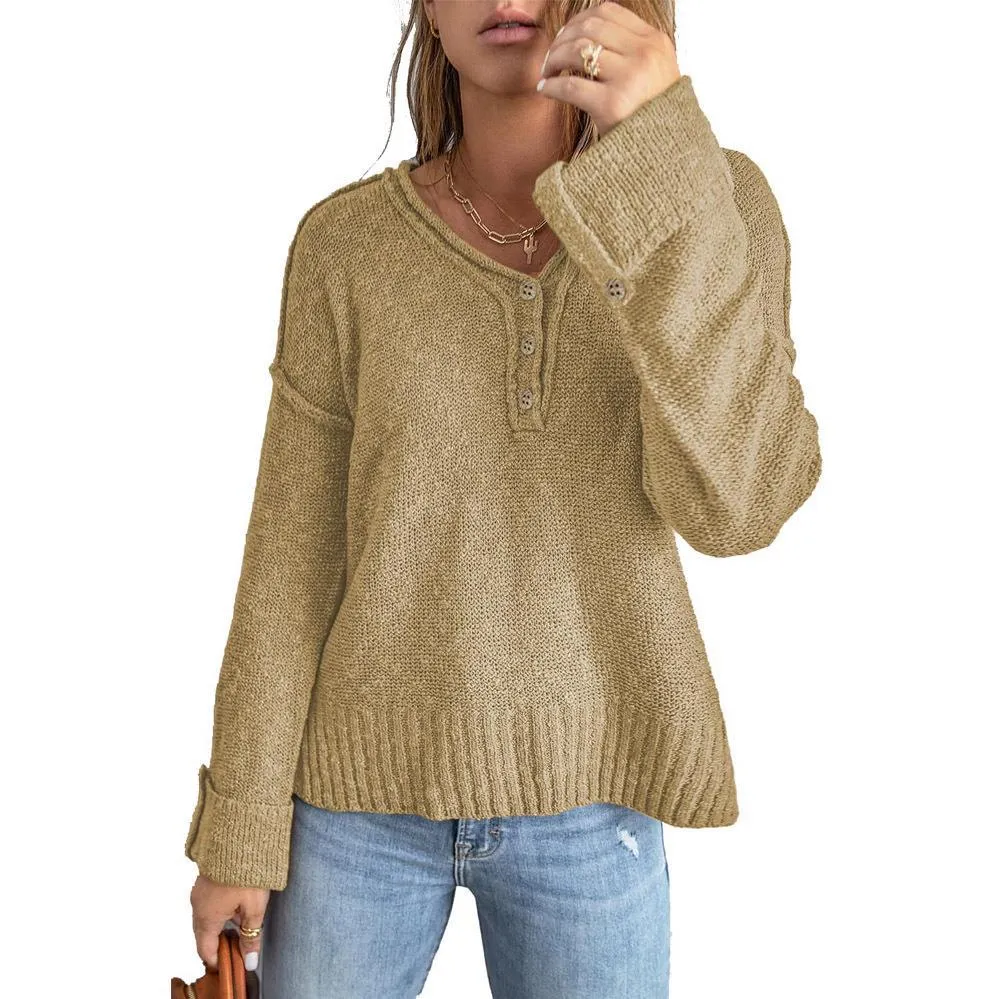 Loose Long Sleeve Buttoned Pullover Knit Sweater Wholesale Womens Tops